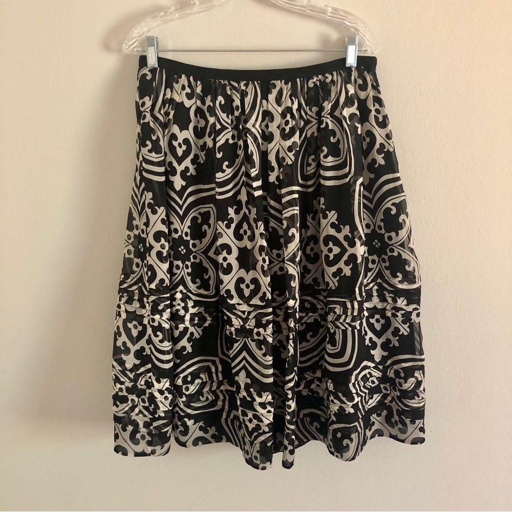 J. Crew Black and White Damask Print Silk Midi Skirt